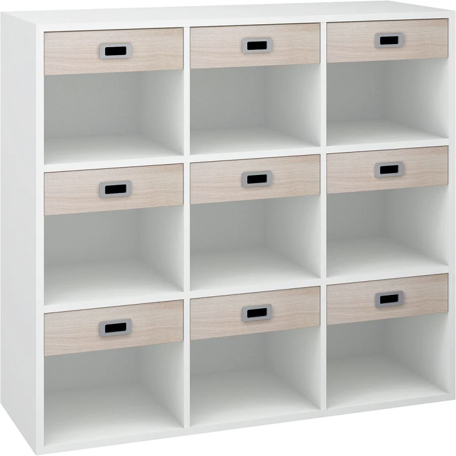 Mix L reol med 9 rom og 9 lave skuffer